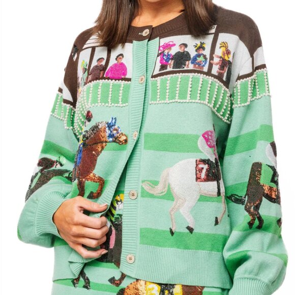 QUEEN OF SPARKLES Sweaters - QUEEN OF SPARKLES Multi Derby Race Scene Button Up Cardigan